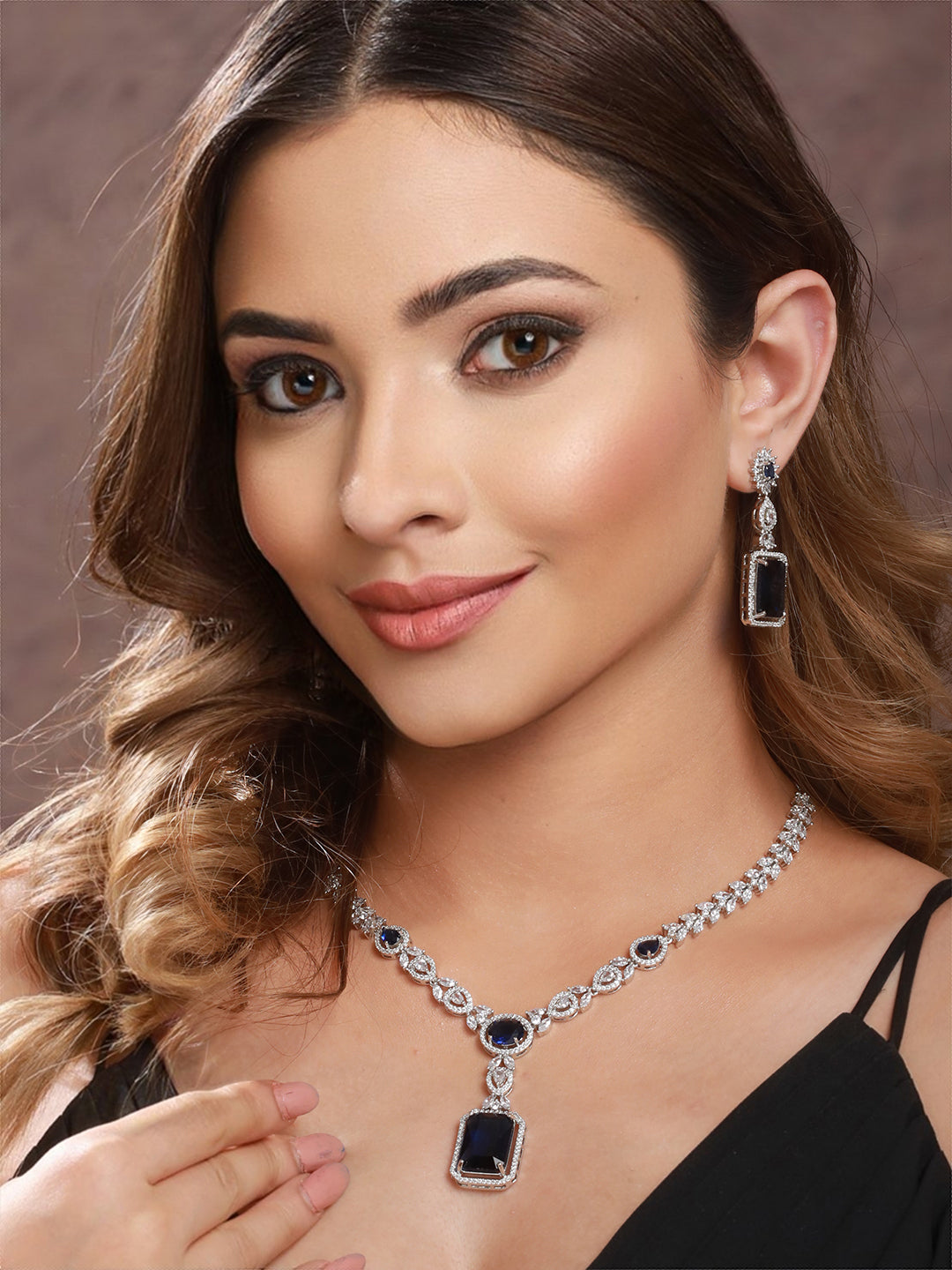 Silver Plated Blue CZ Studded Statement Floral Necklace Jewellery Set